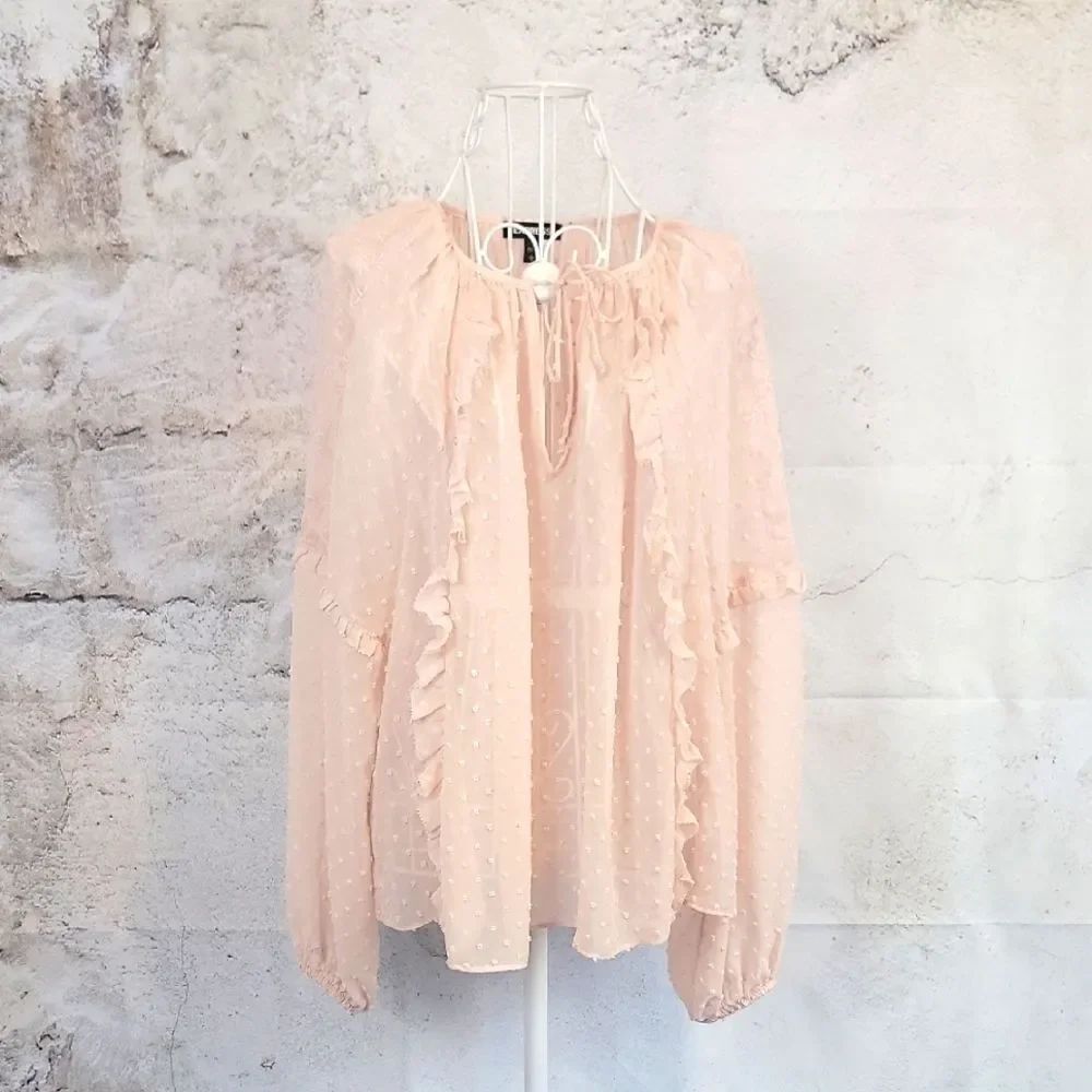 Express Sheer Peach Colored Blouse With Embroidered Details Womens Size Lg